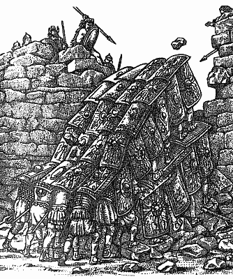 Римская центурия, построенная "черепахой", штурмует неприятельские укрепления